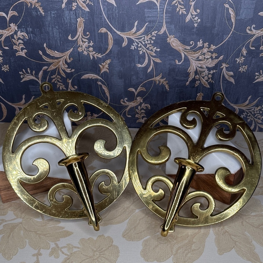 Vintage Estate Virginia Metalcrafters Heavy Brass Sconces: Tree of Life Pair